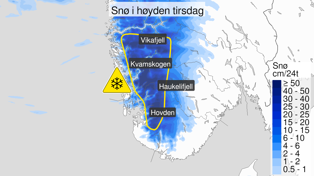 Kart over Snø, gult nivå, Høyereliggende strøk i indre Rogaland og Hordaland, 2023-12-19T03:00:00+00:00, 2023-12-20T03:00:00+00:00