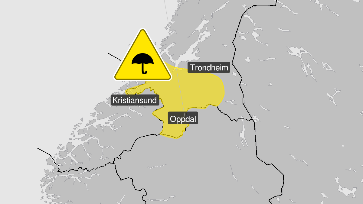 Kart over Mye regn, gult nivå, Sørlige deler av Trøndelag, 2022-09-16T10:27:00+00:00, 2022-09-17T12:00:00+00:00