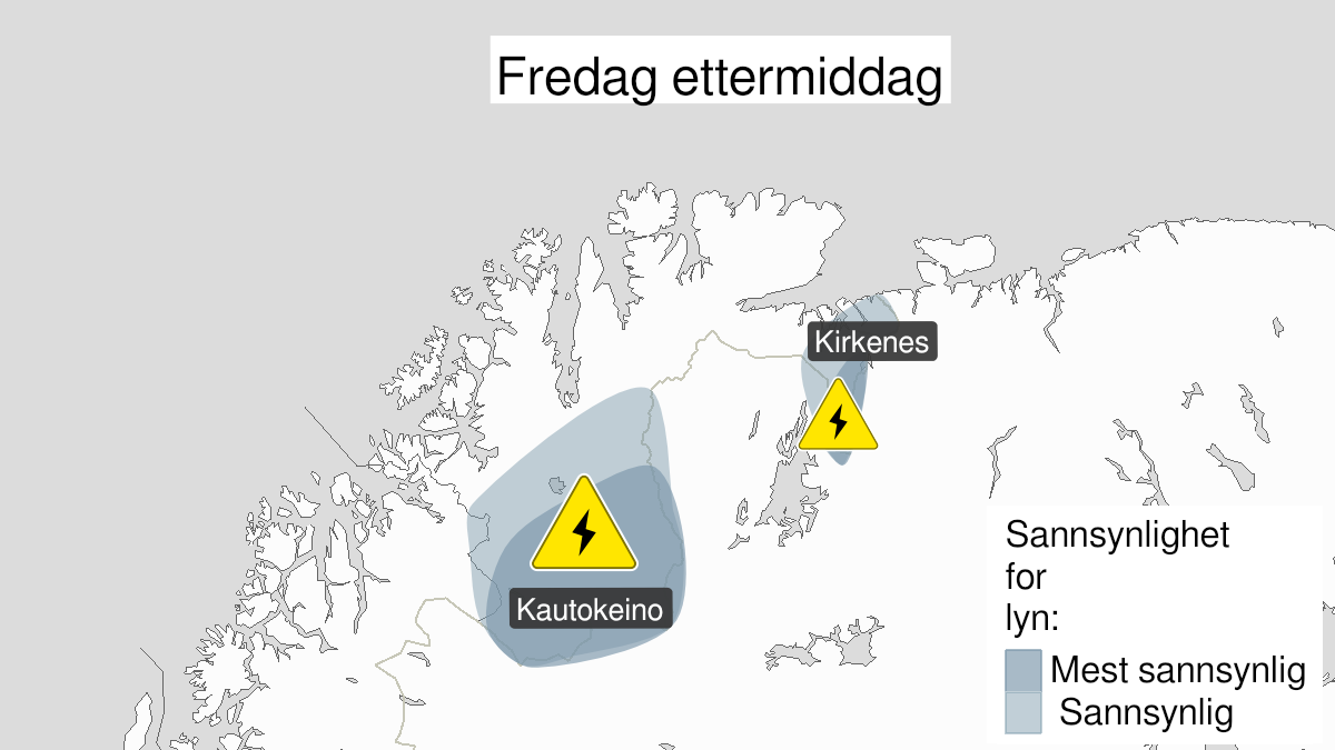 Map over Frequent lightning, yellow level, Southern parts of Finnmark, 2024-05-31T10:00:00+00:00, 2024-05-31T16:00:00+00:00