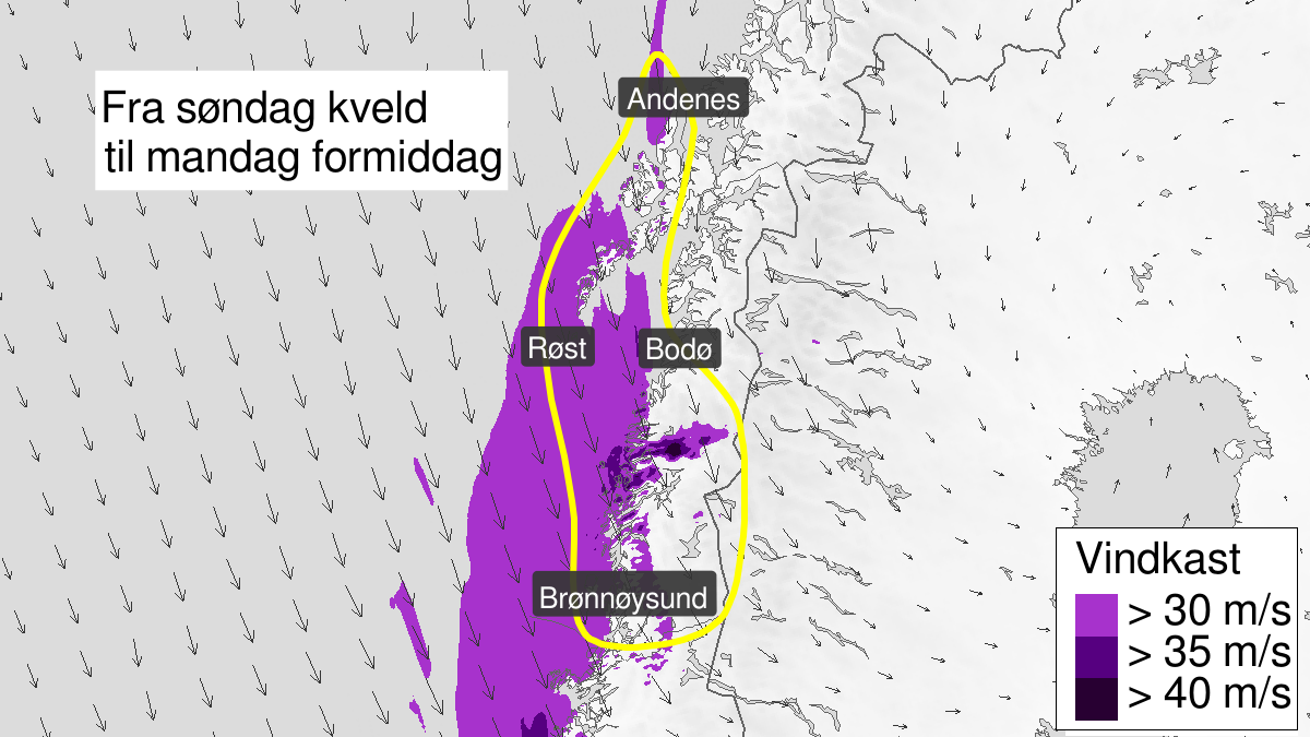 Kart over kraftige vindkast, gult nivå, Helgeland, Saltfjellet og Sør-Salten, 12 April 20:00 UTC til 13 April 07:00 UTC.