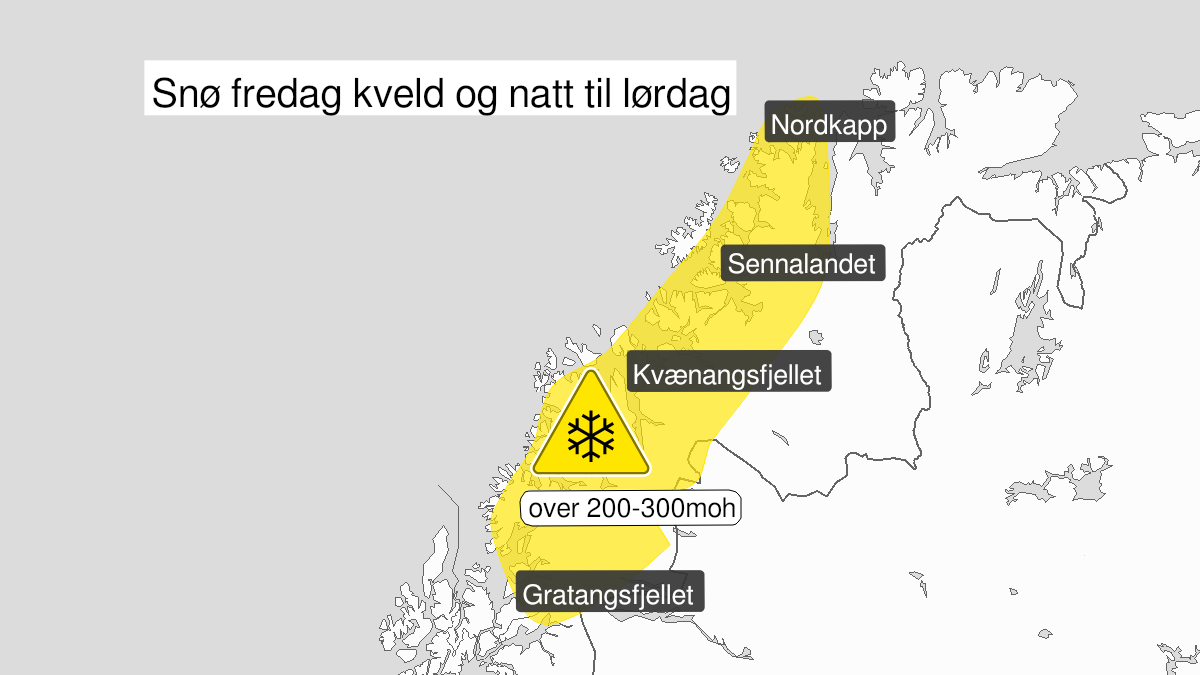 Kart over Snø, gult nivå, Deler av Troms og Vest-Finnmark, 2023-05-26T18:00:00+00:00, 2023-05-27T06:00:00+00:00