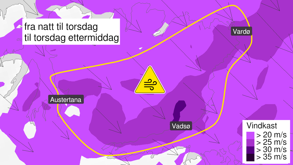 Kart over Kraftige vindkast, gult nivå, sørlige del av Varangerhalvøya, 2023-08-17T02:00:00+00:00, 2023-08-17T13:00:00+00:00