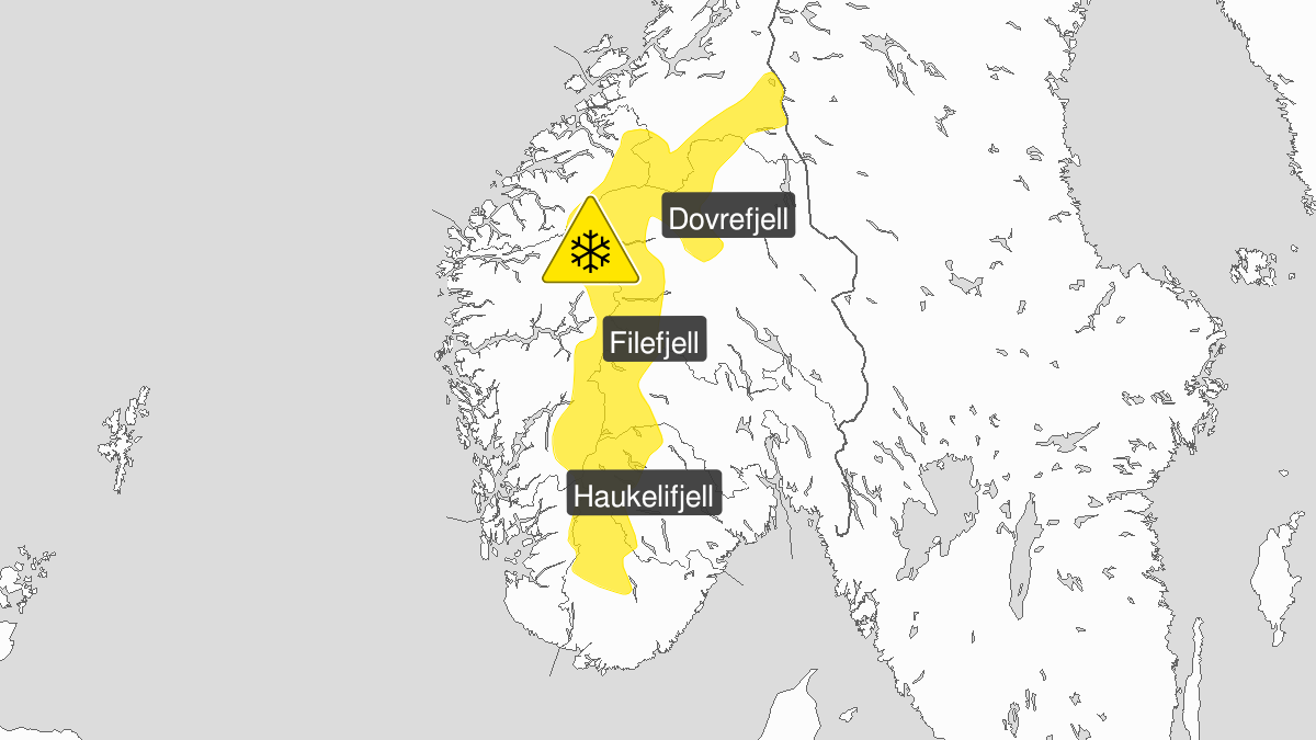 Map of blowing snow, yellow level, Fjellet i Soer-Norge, 17 March 15:00 UTC to 17 March 20:00 UTC.
