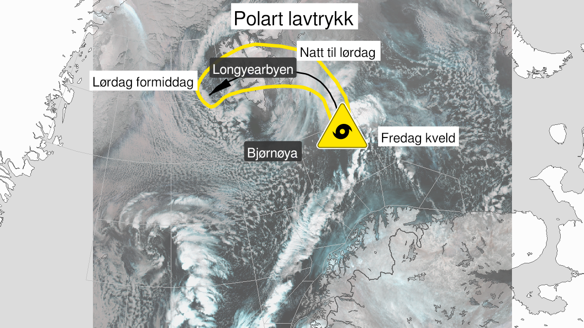 Kart over polart lavtrykk pågår, gult nivå, Nordenskiöld Land på Spitsbergen, 27 November 04:00 UTC til 27 November 09:00 UTC.