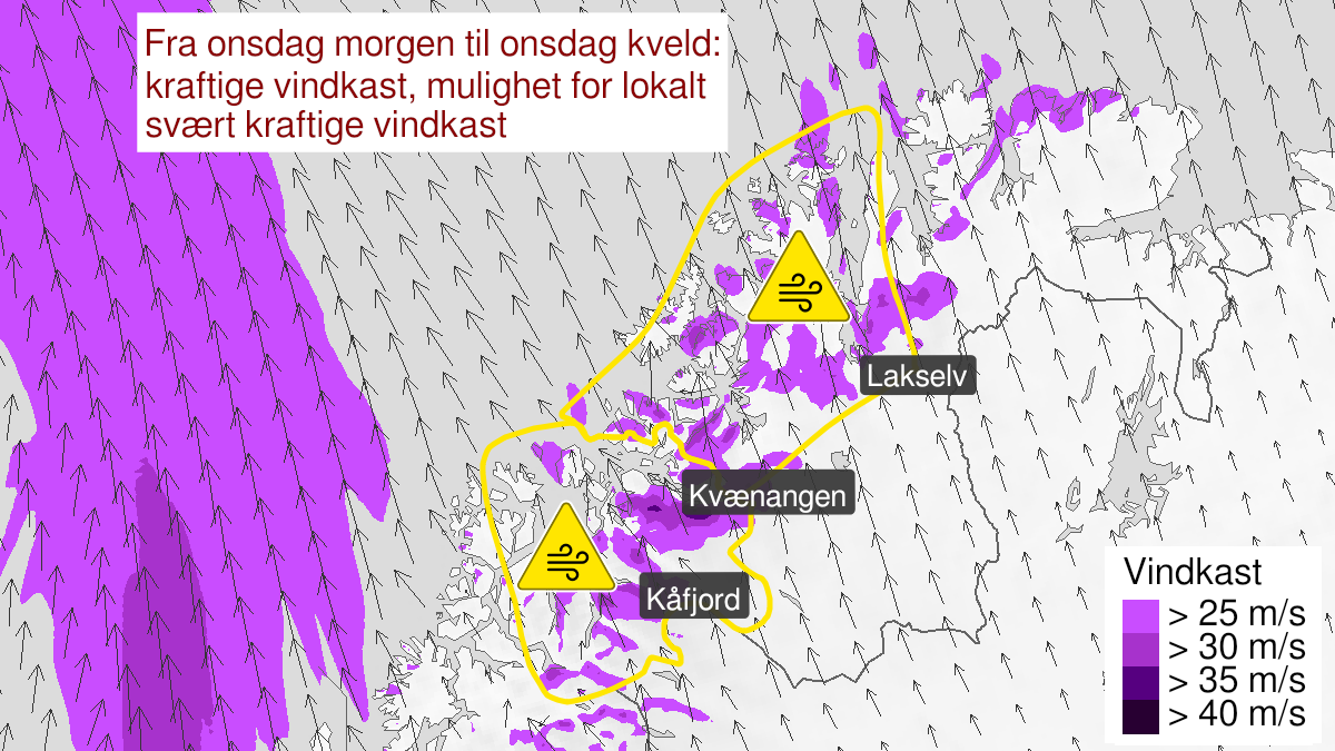 Map of strong wind gusts, yellow level, Nord-Troms and Kyst- and fjordstroekene i Vest-Finnmark, 22 September 06:00 UTC to 22 September 18:00 UTC.