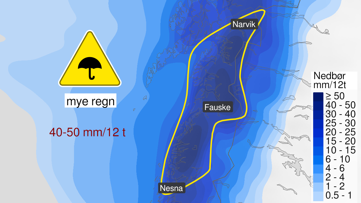 Kart over Mye regn, gult nivå, deler av Nordland mellom Nesna og Narvik, 2024-01-08T08:00:00+00:00, 2024-01-09T03:00:00+00:00
