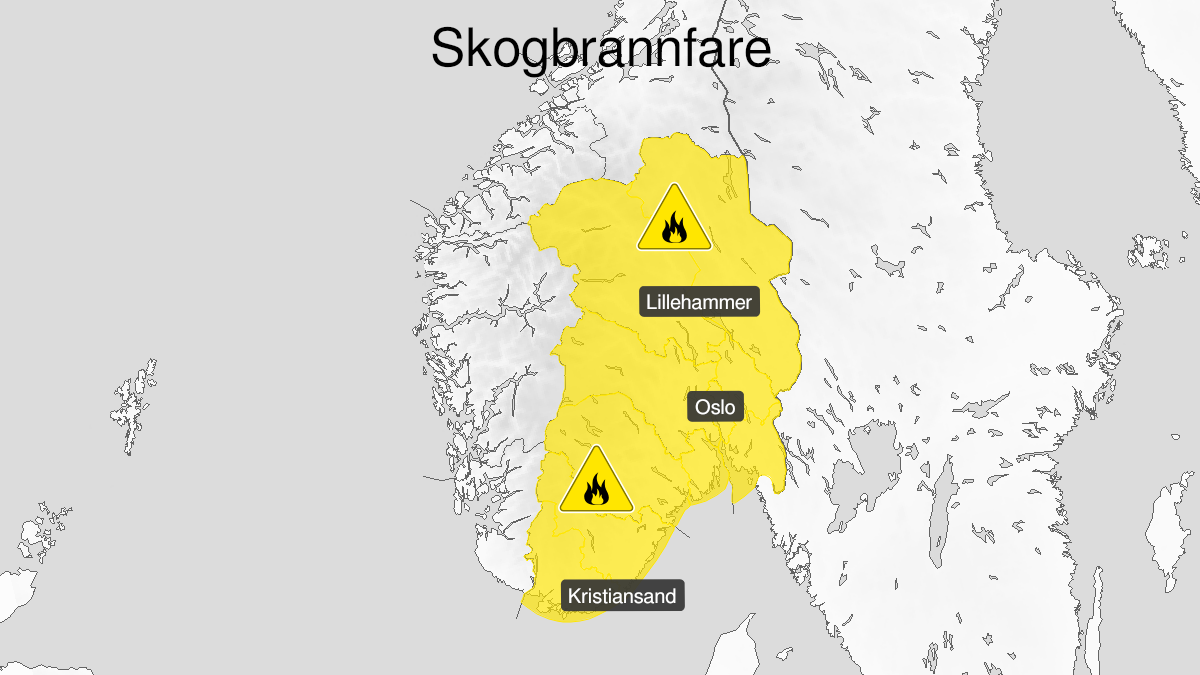 Kart over skogbrannfare, gult nivå, Østafjells, 09 September 07:00 UTC til 11 September 22:00 UTC.