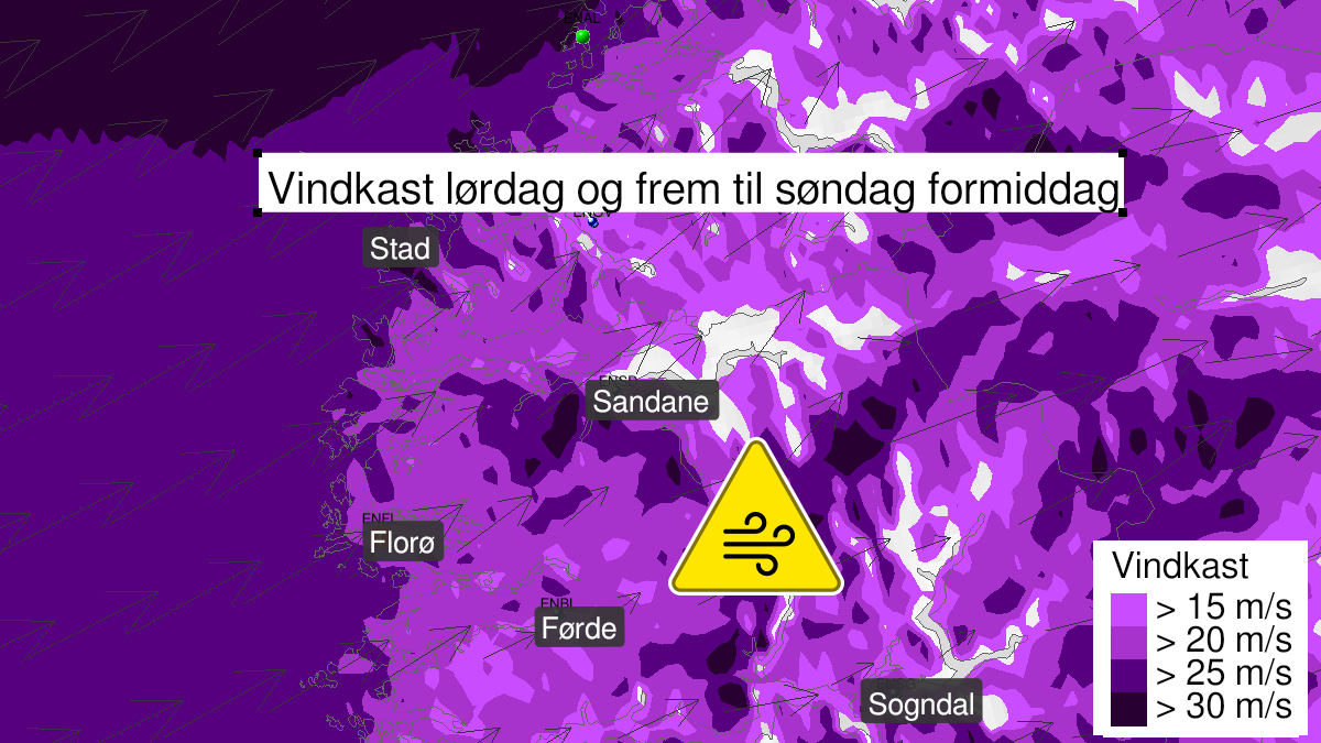 Kart over kraftige vindkast pågår, gult nivå, Nordfjord, 21 November 12:00 UTC til 22 November 08:00 UTC.