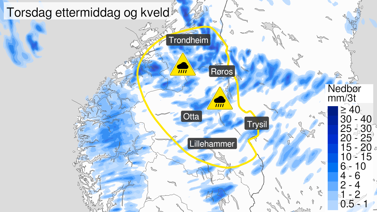 Kart over Nedgradert varsel for styrtregn, Deler av Innlandet, Møre og Romsdal og Trøndelag