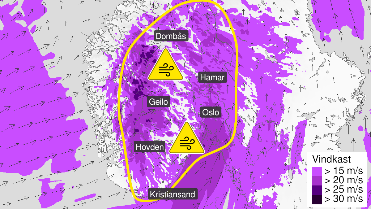 Kart over Kraftige vindkast, gult nivå, Østlandet og Sørlandet, 2022-10-05T12:00:00+00:00, 2022-10-05T20:00:00+00:00