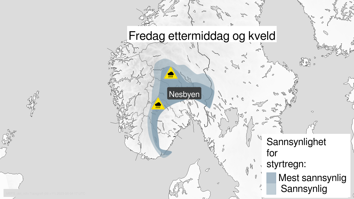 Kart over Nedgradert varsel for styrtregn, Deler av Østlandet og Agder
