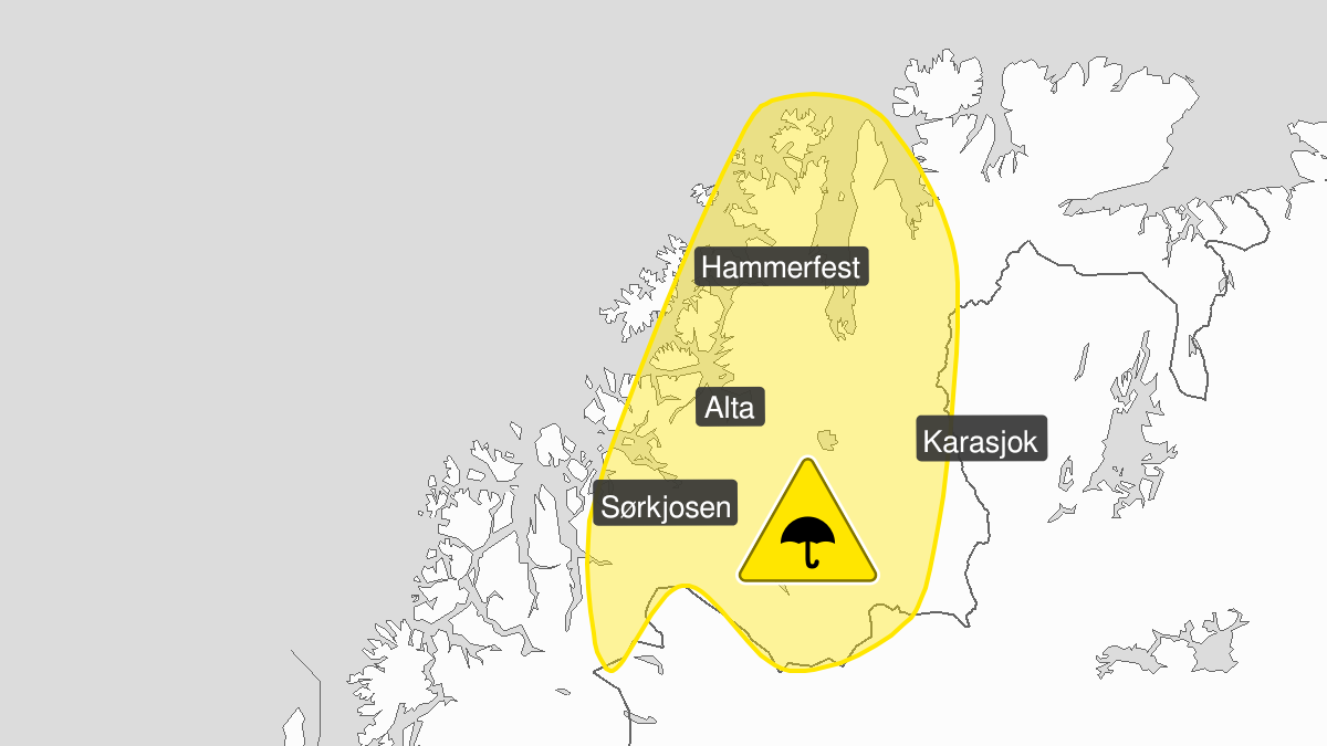 Kart over Mye regn, gult nivå, Deler av Troms og Finnmark, 2022-08-17T15:00:00+00:00, 2022-08-17T21:00:00+00:00