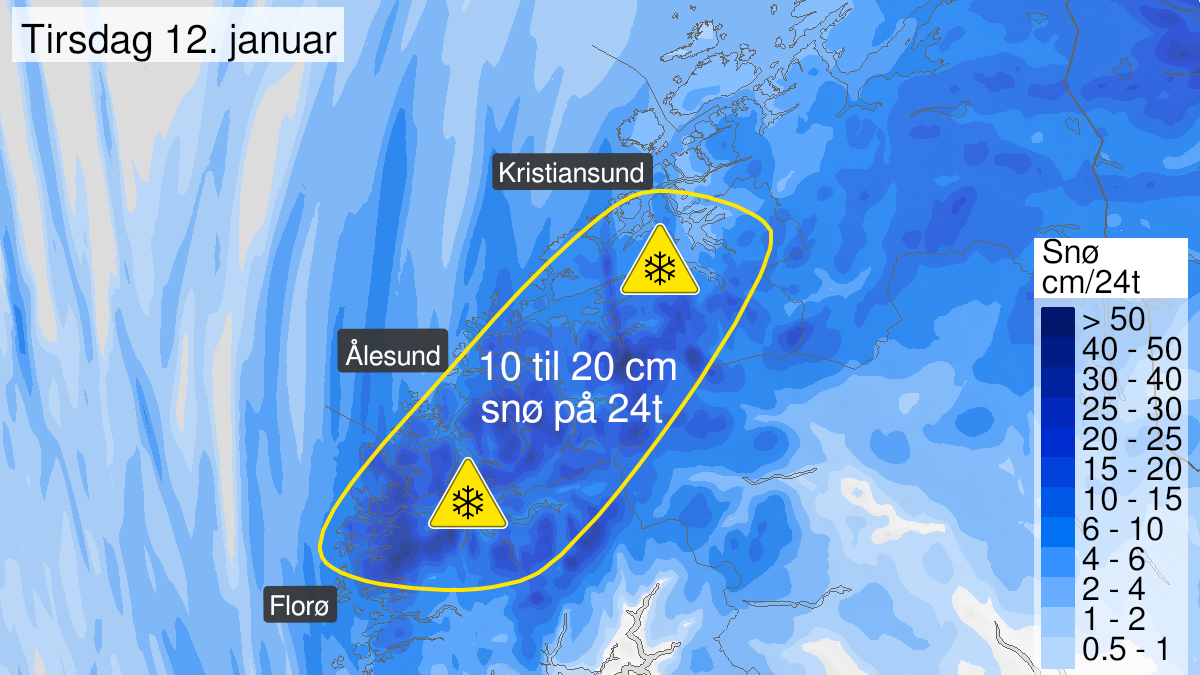 Kart over snø, gult nivå, Nordfjord og Møre og Romsdal, 11 January 23:00 UTC til 12 January 22:00 UTC.