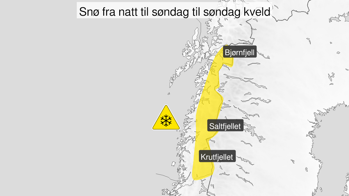 Kart over Snø, gult nivå, Store deler av fjellområdene i Nordland, 2024-09-29T02:00:00+00:00, 2024-09-29T21:00:00+00:00