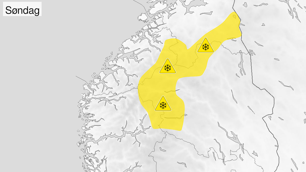 Map of blowing snow, yellow level, Fjellet i Soer-Norge unntatt Langfjella, 05 March 23:00 UTC to 07 March 00:00 UTC.