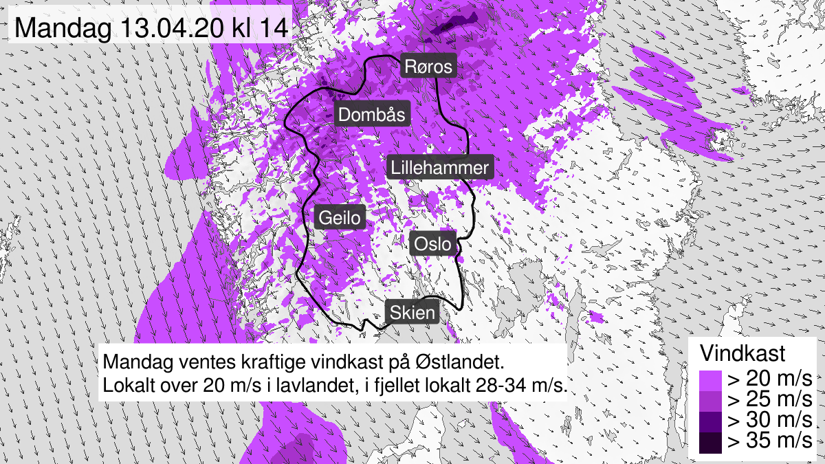 Map of strong wind gusts, yellow level, Oestlandet and Telemark, 13 April 02:00 UTC to 13 April 18:00 UTC.