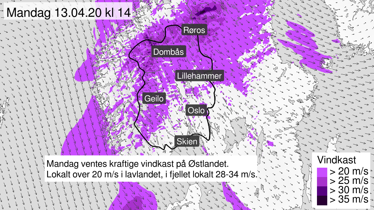 Kart over kraftige vindkast, gult nivå, Østlandet og Telemark, 13 April 02:00 UTC til 13 April 18:00 UTC.