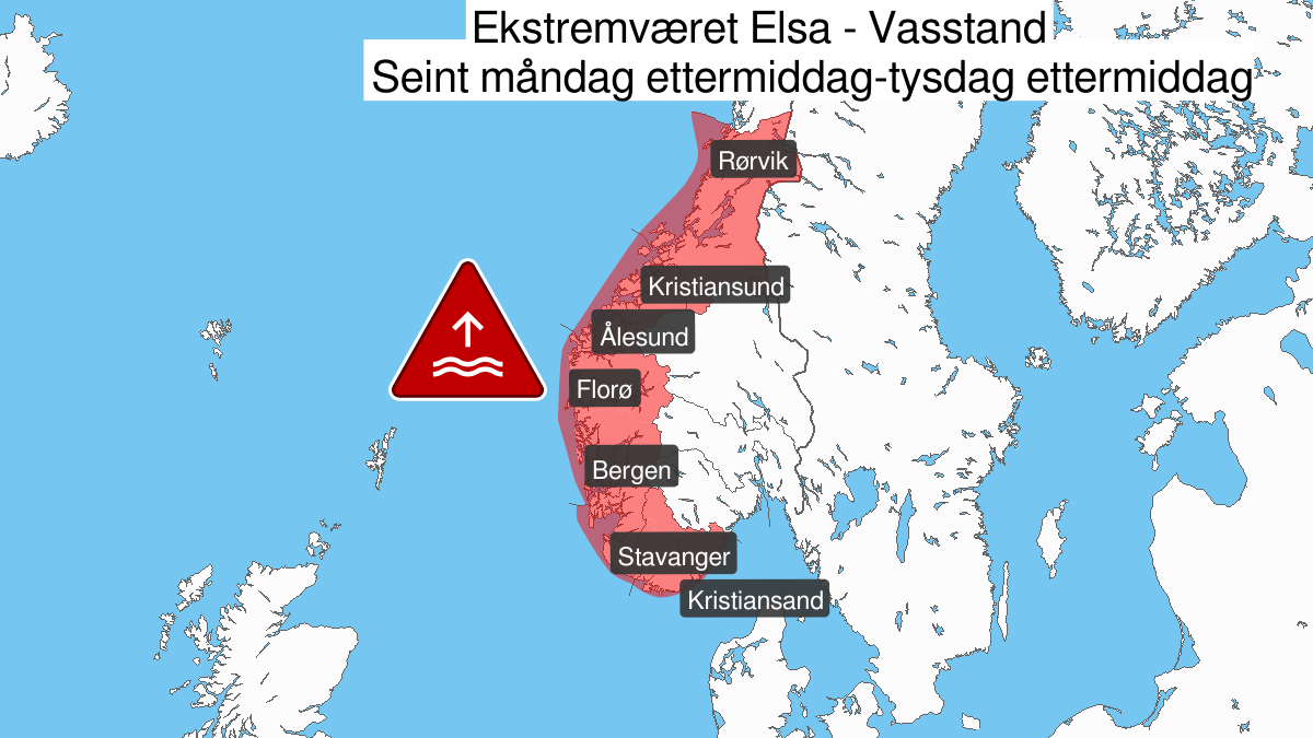 Ekstremværet Elsa: Ekstremt høy vannstand, rødt nivå, Trøndelag, 11 February 10:00 UTC til 11 February 14:00 UTC.