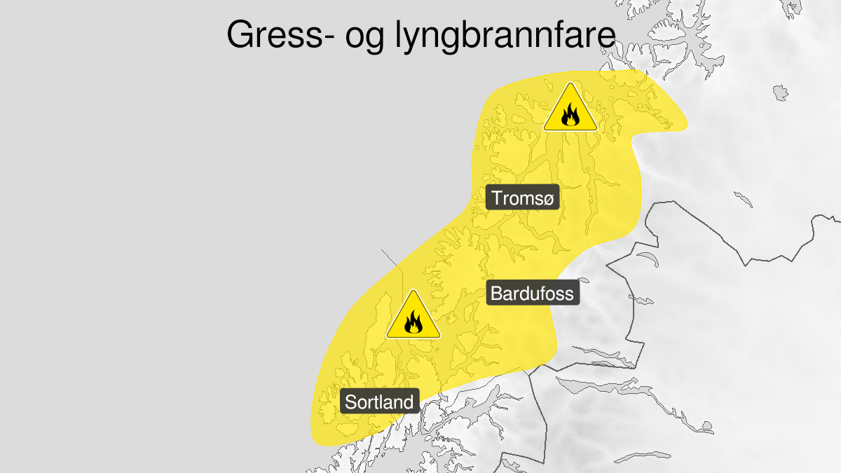 
            Kart over Skogbrannfare ventes, gult nivå, Vesterålen og Troms, 2022-06-01T12:00:00+00:00, 2022-06-04T12:00:00+00:00
        