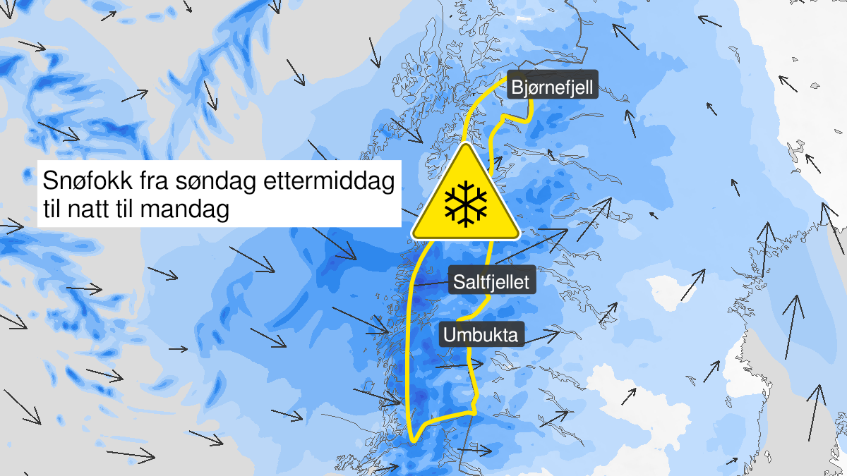 Kart over Kraftig snøfokk, gult nivå, Indre Nordland, 2023-03-19T13:00:00+00:00, 2023-03-19T23:00:00+00:00