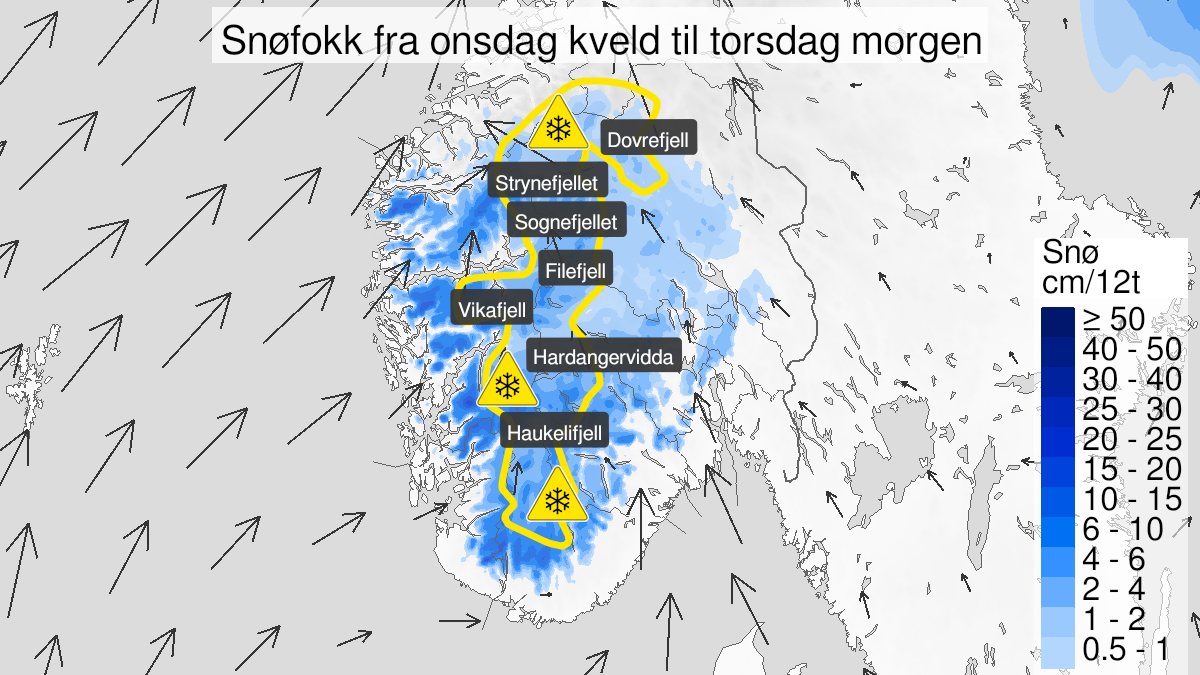 Kart over Kraftig snøfokk, gult nivå, Fjellet i Sør-Norge, 2024-02-21T19:00:00+00:00, 2024-02-22T04:00:00+00:00