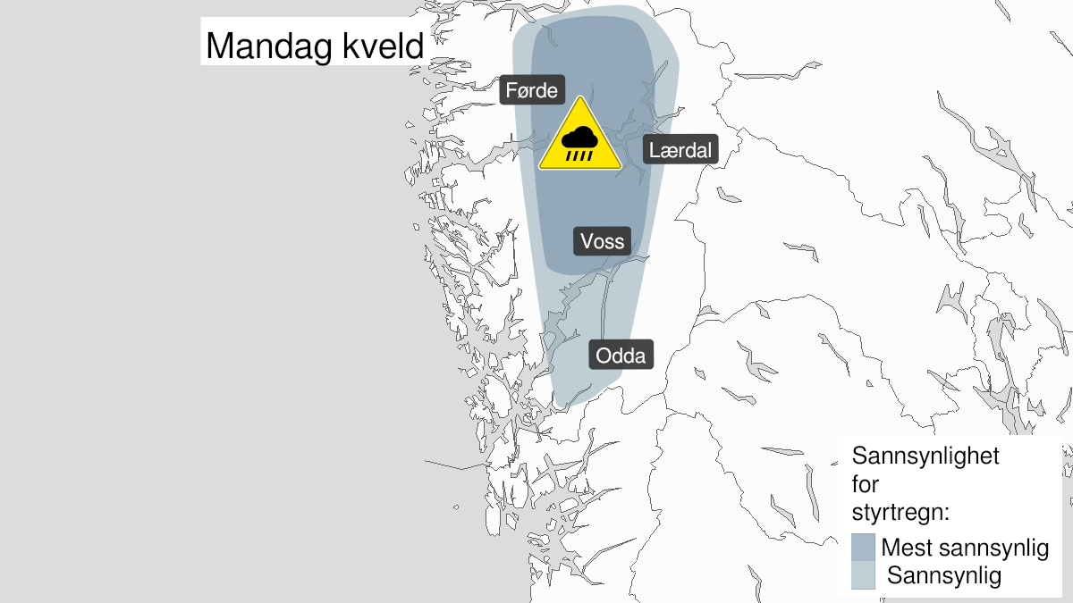 Kart over Nedgradert varsel for styrtregn, Deler av Vestland fylke