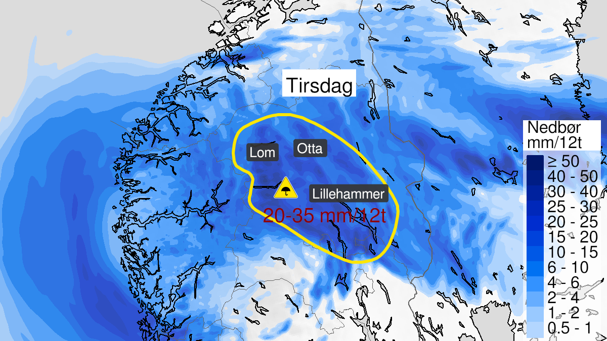 Kart over Mye regn pågår, gult nivå, Deler av Østlandet, 2023-07-25T06:00:00+00:00, 2023-07-25T22:00:00+00:00
