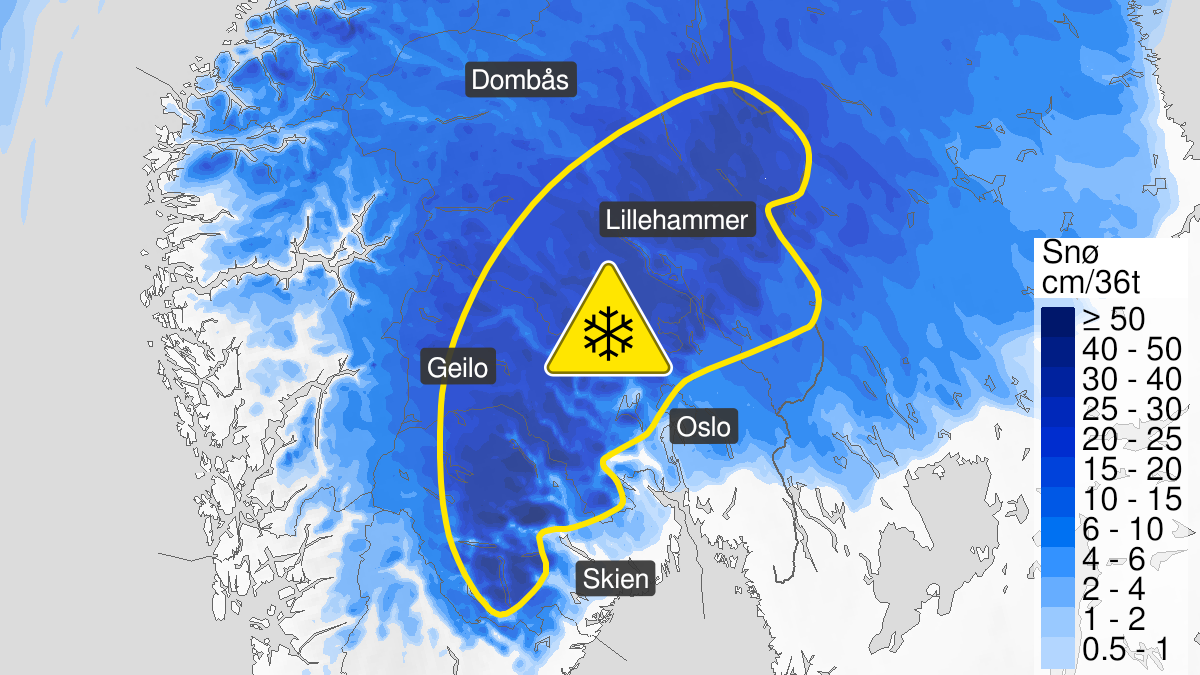 Kart over Snø, gult nivå, Deler av Østlandet, 2023-04-24T06:00:00+00:00, 2023-04-25T12:00:00+00:00