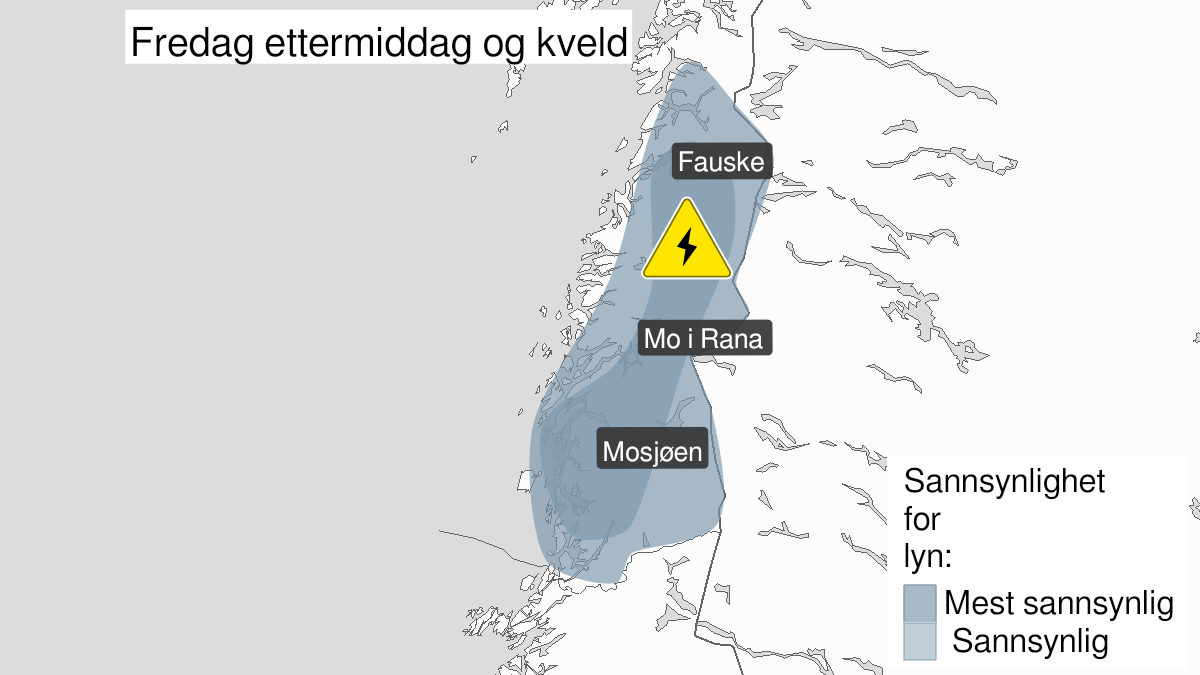 Map over Frequent lightning, yellow level, Parts of Nordland, 2024-06-14T12:00:00+00:00, 2024-06-14T18:00:00+00:00