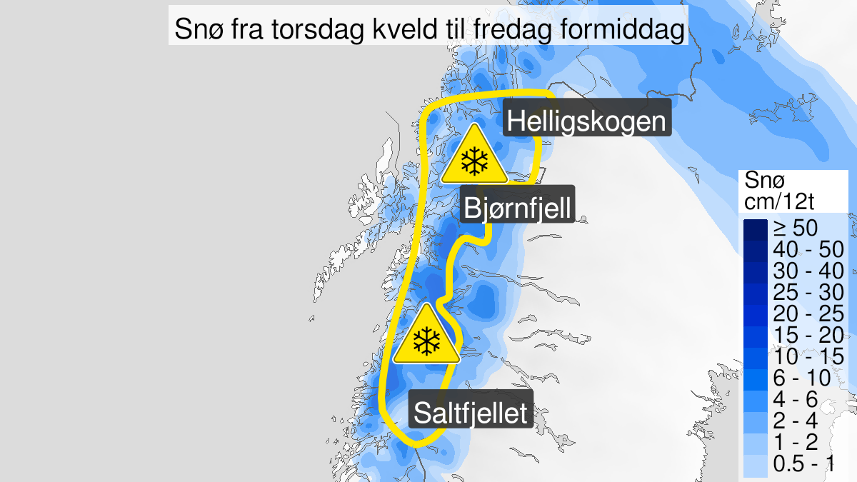 Kart over Snø, gult nivå, Fjelloverganger i Nordland og Troms, 2024-05-09T17:00:00+00:00, 2024-05-10T09:00:00+00:00