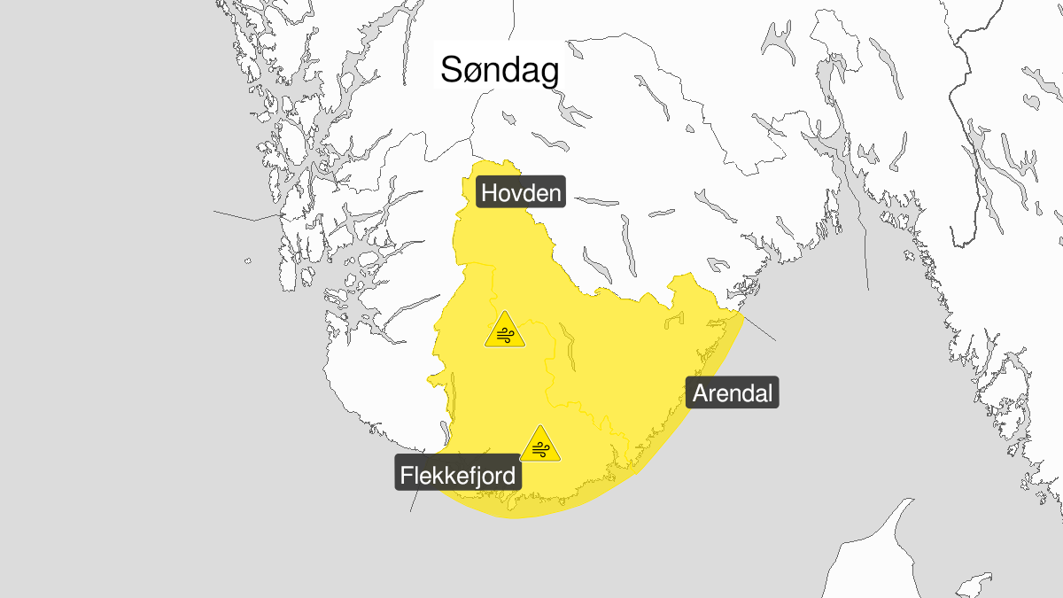 Map of strong wind gusts, yellow level, Agder, 22 November 09:00 UTC to 22 November 15:00 UTC.