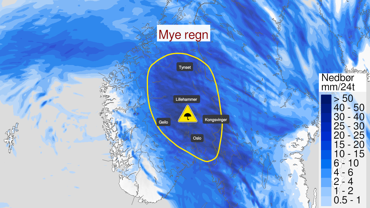 Map of heavy rain, yellow level, Østlandet unntatt Telemark, 09 July 22:00 UTC to 10 July 22:00 UTC.