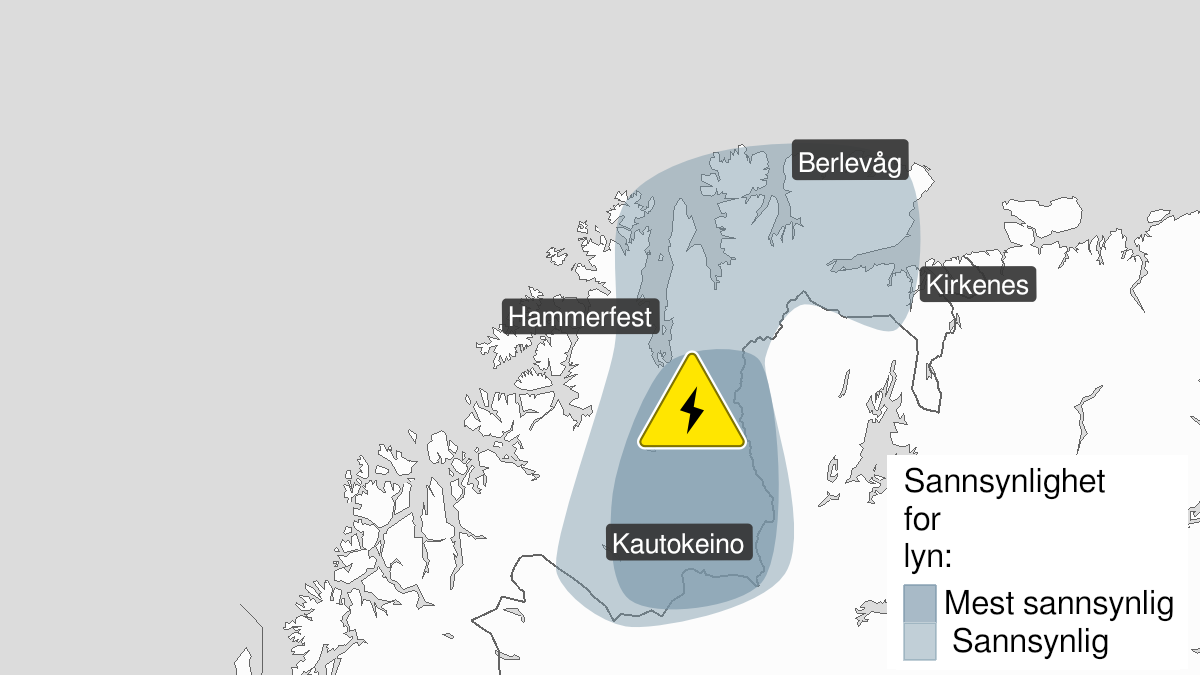 Kart over Nedgradert varsel for mye lyn, Deler av Finnmark