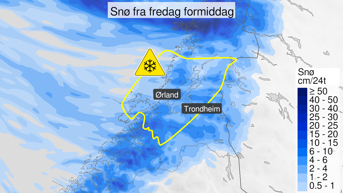 Kart over Snø, gult nivå, Deler av Trøndelag sør for Namdalen, 2022-12-23T01:00:00+00:00, 2022-12-24T08:00:00+00:00
