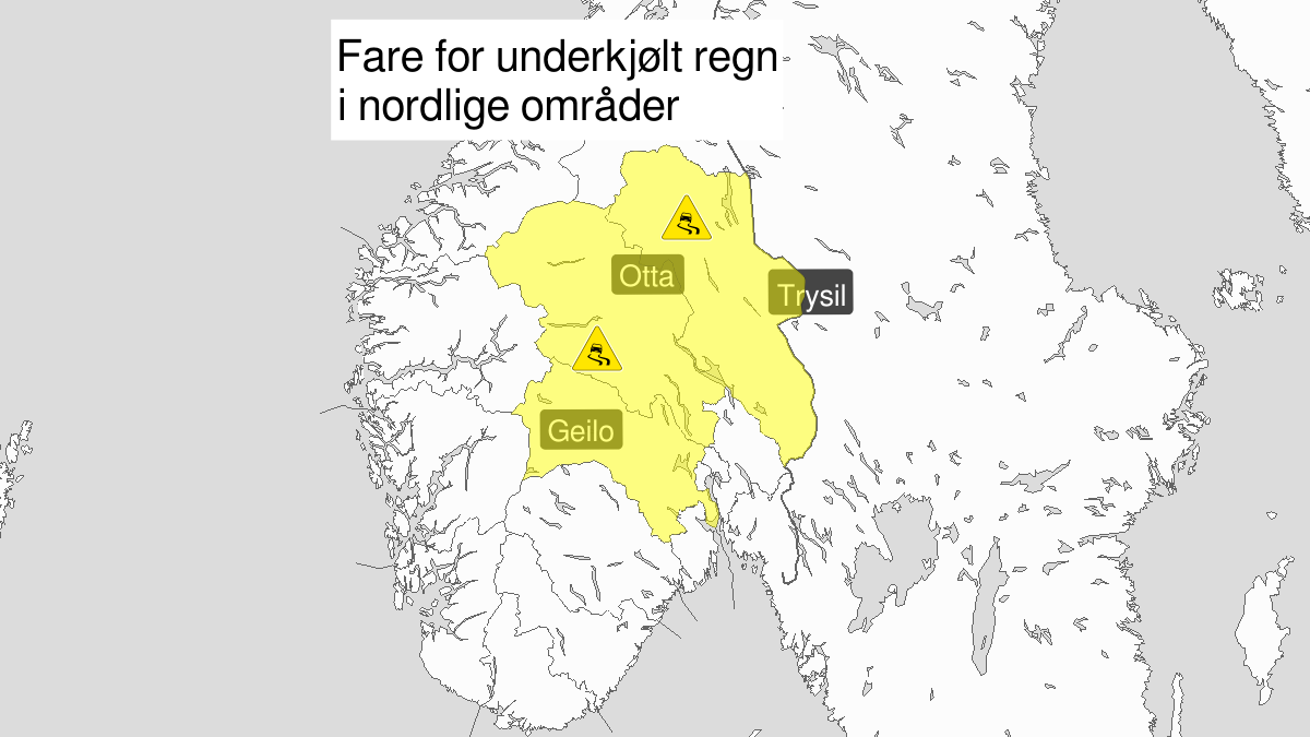 Is, gult nivå, Buskerud, Oppland og Hedmark, 21 November 09:00 UTC til 22 November 00:00 UTC.