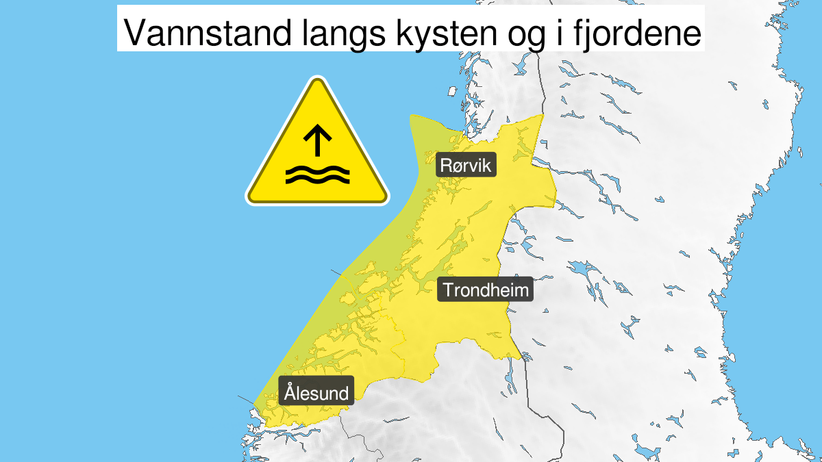 Kart over høy vannstand, gult nivå, Møre og Romsdal og Trøndelag, 04 February 11:00 UTC til 04 February 14:00 UTC.