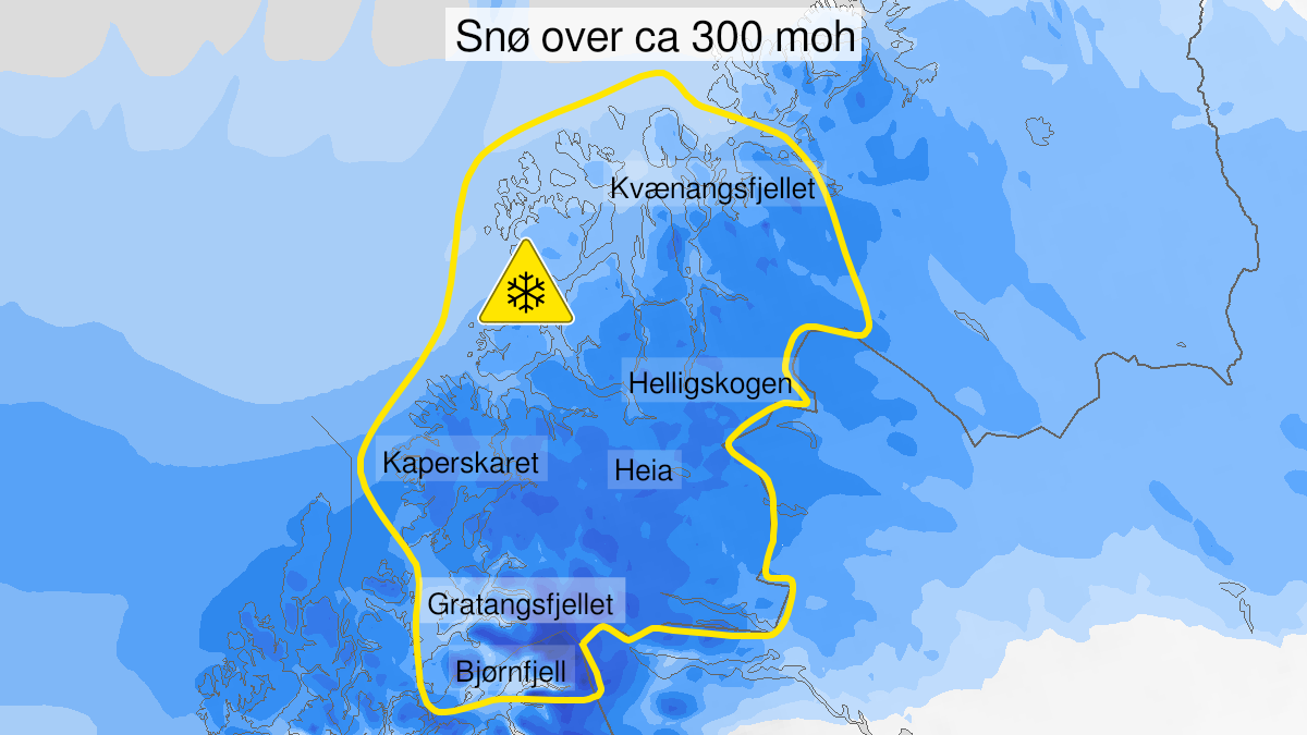 Map over Snow, yellow level, Parts of Troms and Finnmark, and northern parts of Nordland, 2023-04-21T06:00:00+00:00, 2023-04-22T12:00:00+00:00