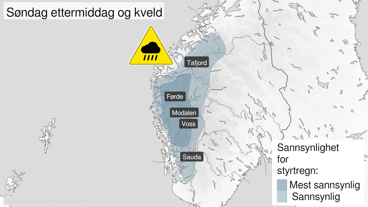 Kart over Styrtregn, gult nivå, Deler av Rogaland, Vestland, Møre og Romsdal og Innlandet, 2023-07-23T13:00:00+00:00, 2023-07-23T19:00:00+00:00