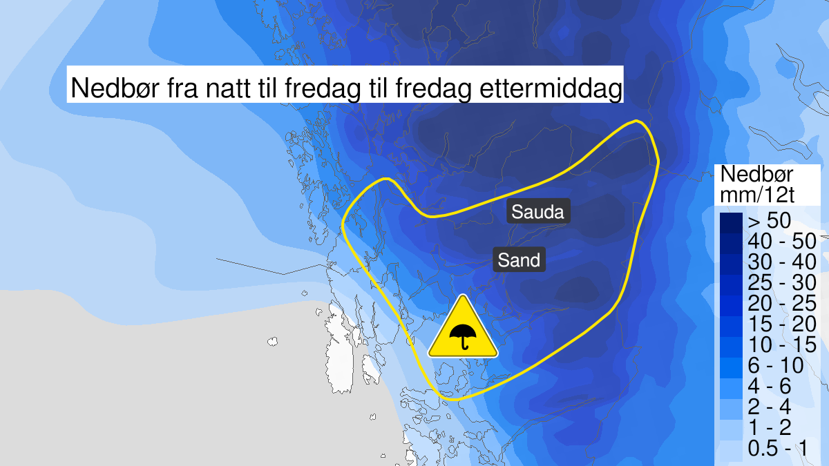 Kart over Mye regn, gult nivå, Nord-Rogaland, 2022-11-11T00:00:00+00:00, 2022-11-11T12:00:00+00:00