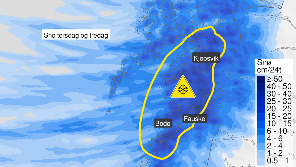 Kart over Snø, gult nivå, Deler av Nordland, 2023-02-23T12:00:00+00:00, 2023-02-24T12:00:00+00:00