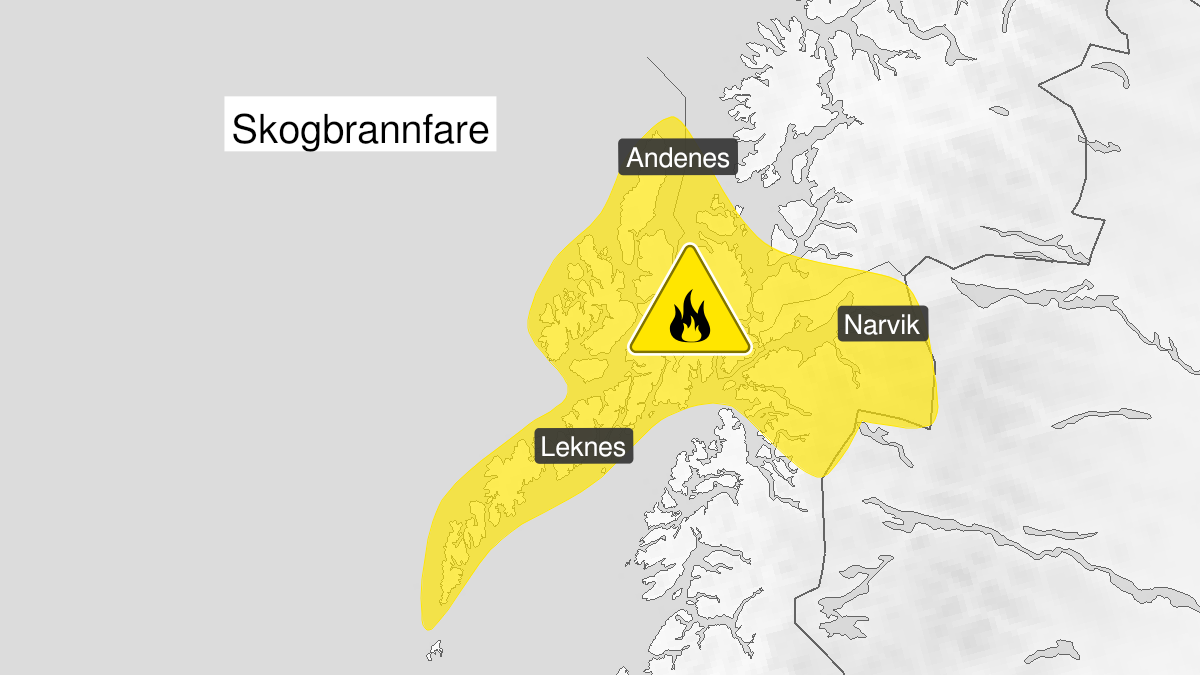 Map over Forest fire danger, yellow level, Northern parts of Nordland og sør i Troms, 2024-05-26T12:00:00+00:00, 2024-05-31T12:00:00+00:00