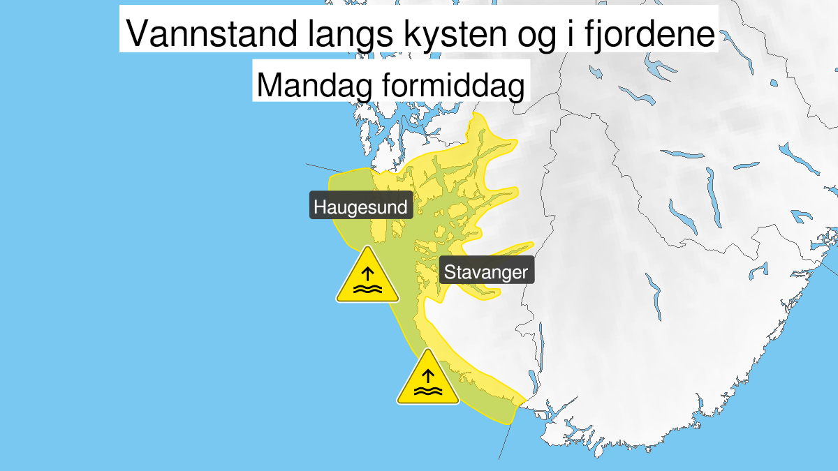 Kart over Høy vannstand pågår, gult nivå, Kyst- og fjordstrøk i Rogaland, 2024-04-08T07:00:00+00:00, 2024-04-08T10:00:00+00:00