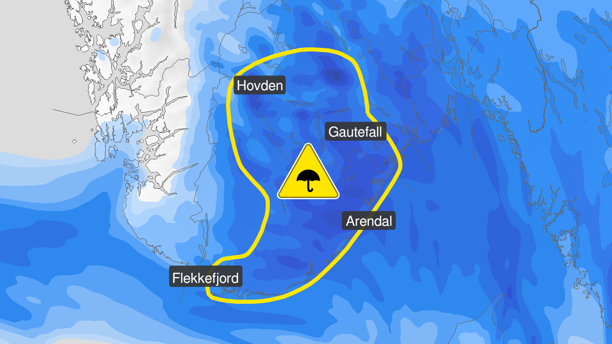 Kart over Mye regn, gult nivå, Deler av Agder og Telemark, 2024-06-15T12:00:00+00:00, 2024-06-15T21:00:00+00:00