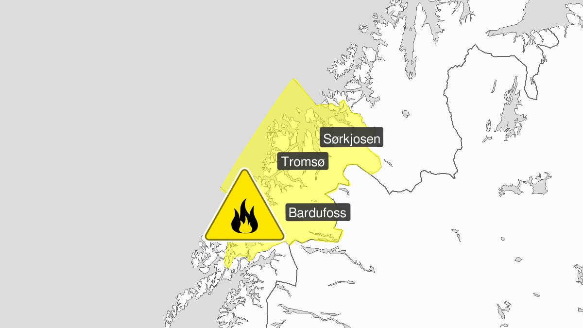 Forest fire danger, yellow level, Troms, 14 August 08:00 UTC to 18 August 22:00 UTC.