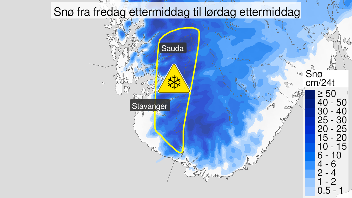 Kart over Snø, gult nivå, Indre deler av Rogaland, 2022-12-16T15:00:00+00:00, 2022-12-18T03:00:00+00:00