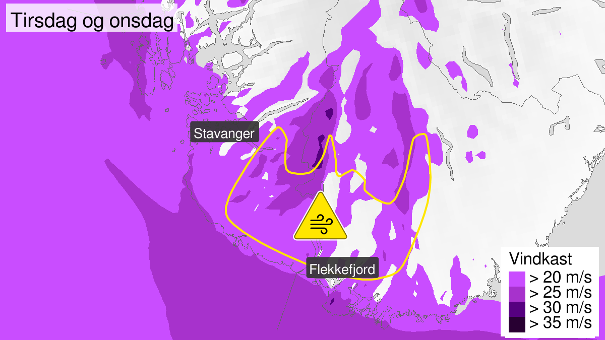Kart over Nedgradert varsel for vindkast, Deler av Agder og Rogaland