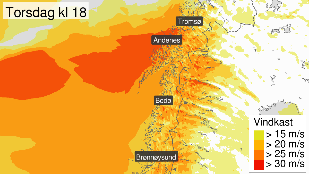 Strong wind gusts, yellow level, Nordland and Troms, 14 February 12:00 UTC to 15 February 02:00 UTC.
