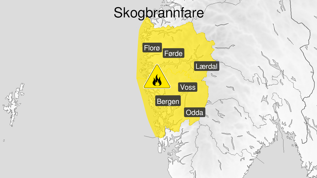 Map of forest fire danger, yellow level, Vestland fylke, 06 August 06:00 UTC to 10 August 12:00 UTC.