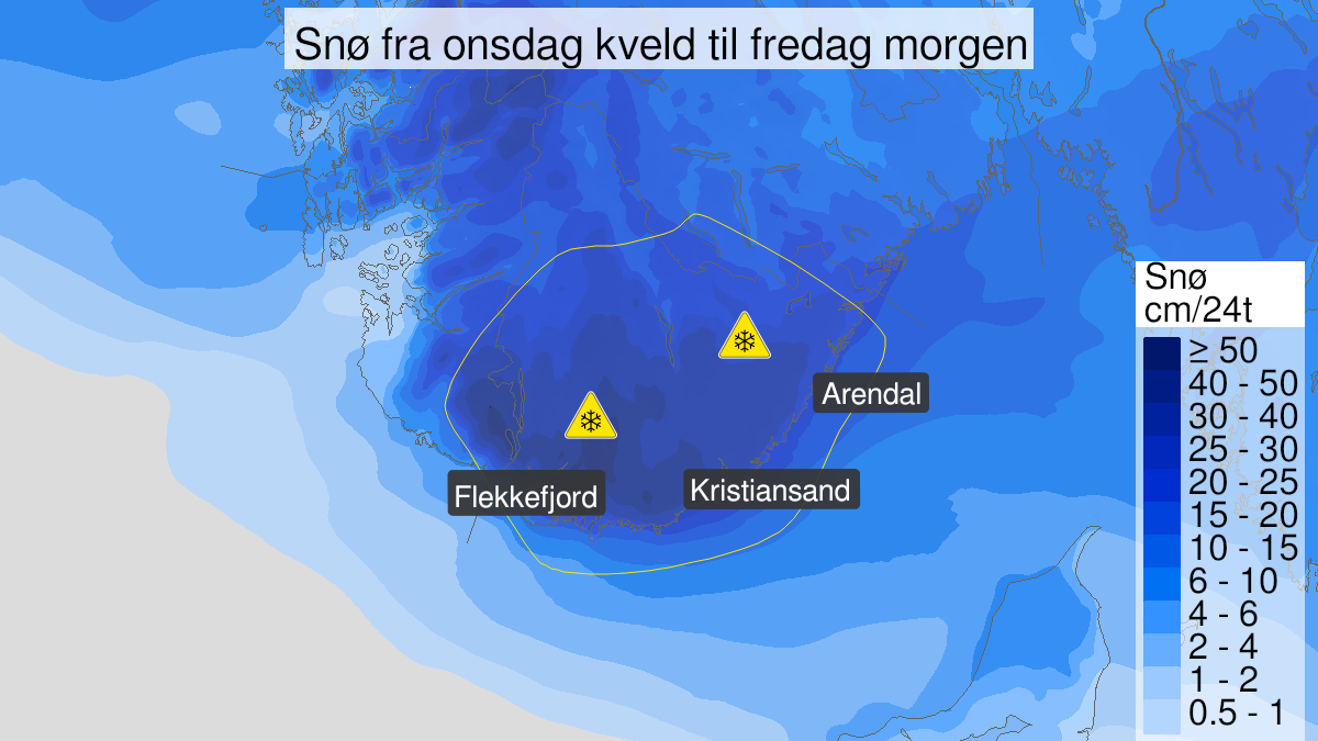Kart over Snø, gult nivå, Agder og sørvest i Rogaland, 2023-12-27T19:00:00+00:00, 2023-12-29T07:00:00+00:00
