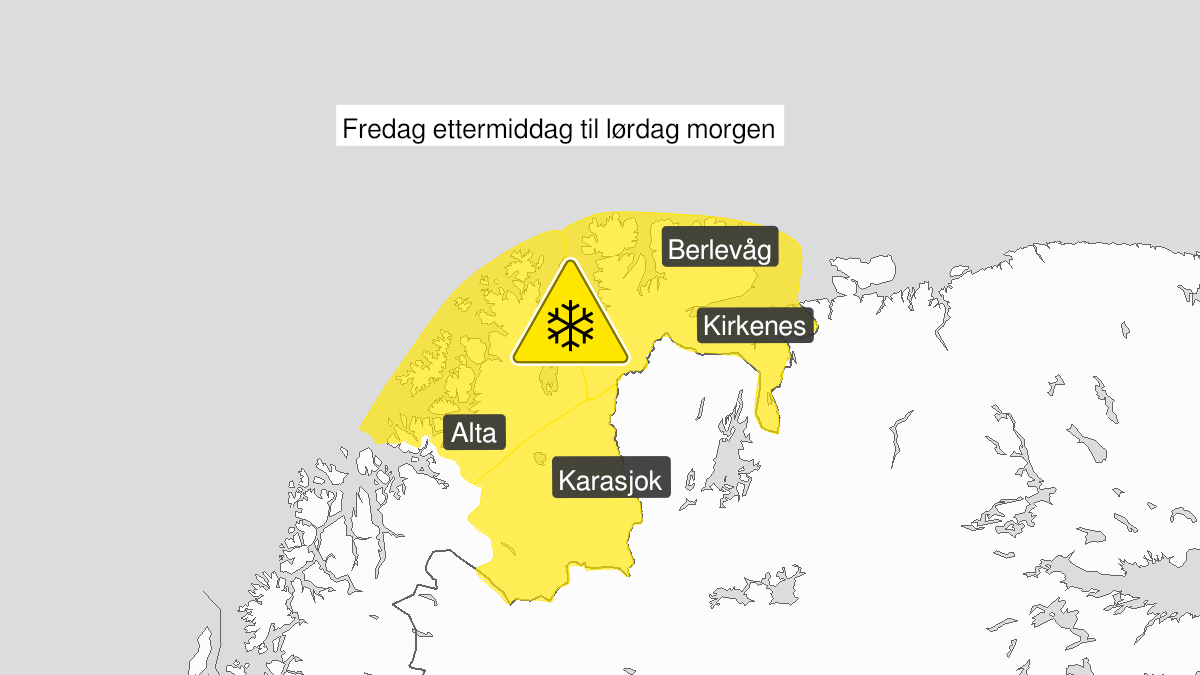 Map of blowing snow, yellow level, Kyst- and fjordstroekene i Vest-Finnmark, 05 February 00:00 UTC to 05 February 09:00 UTC.
